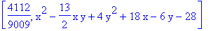 [4112/9009, x^2-13/2*x*y+4*y^2+18*x-6*y-28]